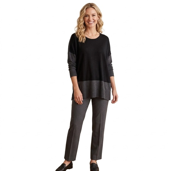Eileen Fisher Colorblock Knit Oversized Tunic Oversized Knit Sweater L BlackGrey - Picture 11 of 13